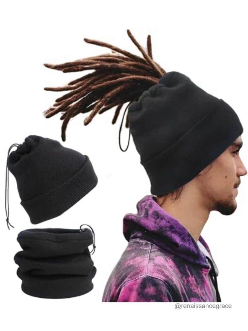 Satin Lined Knit Beanie Adjustable Ponytail Hole Unisex